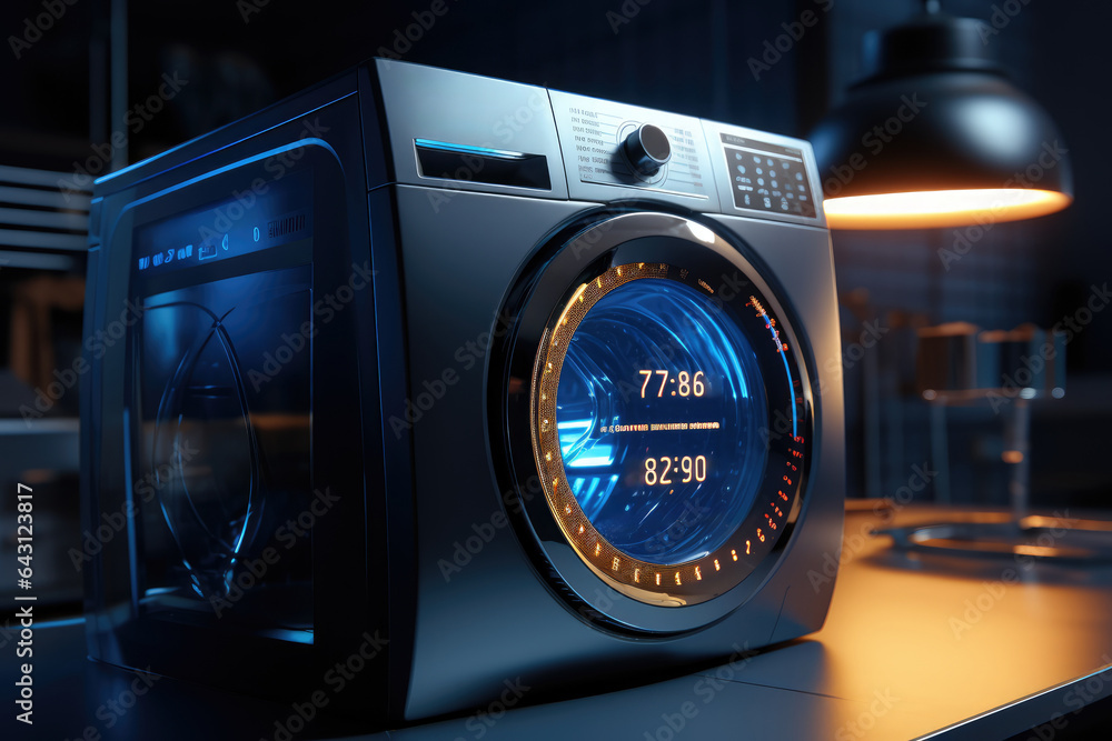 Poster a smart washing machine with a digital display indicating the progress of a laundry cycle. generativ