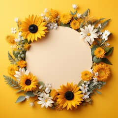 Obraz premium blank botanical Circle frame made from sunflowers ,isolated on yellow background. Wedding or Valentine's Day concept with copy space, floral design for product display.