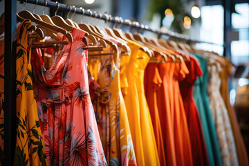 Vibrant Summer Dresses Hanging In Store Closeup. Second Hand. Сoncept Vibrant Dresses, Secondhand Shopping, Summer Style, Store Closeup