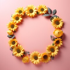 blank botanical Circle  frame made from sunflowers  ,isolated on pink background. Wedding or Valentine's Day concept with copy space, floral design for product display.