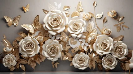 Fotobehang Aquarel doodshoofd 3D view of the 3D wallpaper showing golden roses on a 3D background and golden butterflies
