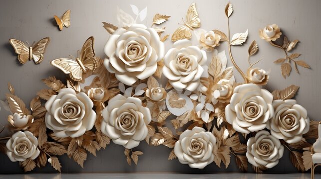 3D view of the 3D wallpaper showing golden roses on a 3D background and golden butterflies