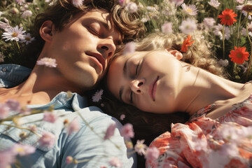 Obraz na płótnie Canvas Couple in flowers field showing their love on grass meadow