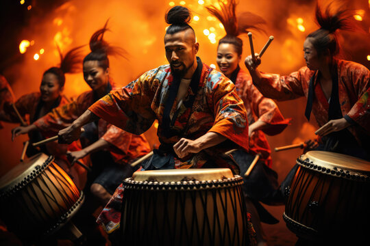 A traditional Japanese Taiko drumming ensemble, with performers in vibrant costumes. Generative Ai. - Powered by Adobe