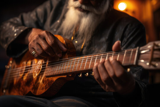 A close-up of a person's hand playing the strings of a sitar, a traditional Indian musical instrument. Generative Ai.