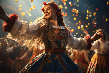 Folk dancers in Ukraine performing intricate traditional dances in traditional clothing. Generative Ai.