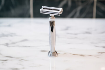 Closeup Of Reusable, Stainless Steel Safety Razor. Сoncept Safety Benefits Of Reusable Razors, How To Clean Stainless Steel Razors, Advantages Of Stainless Steel In Razors