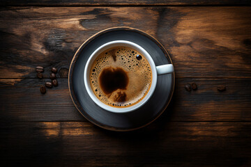 a cup of coffee taken from a high angle, a cup of coffee in the morning, a cup of coffee at break time