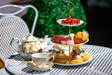 cup of tea and cake on table