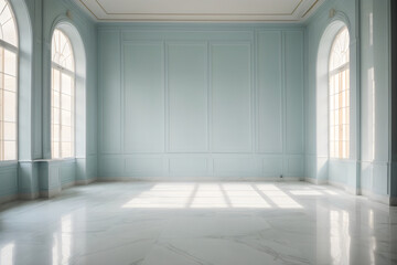 empty room in pastel blue with Calacatta marble floors 