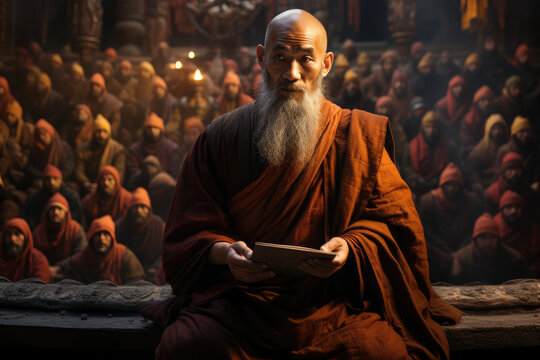 A Tibetan monk reciting ancient Buddhist parables to a gathering of monks and pilgrims. Generative Ai.