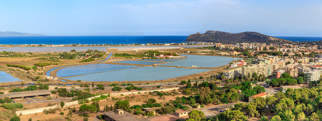 Panoramic view of Cagliari and salt marshes from upstream Urpinu. Sardinia, Italy