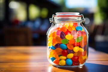 Photo of a colourful jar filled with gummy bears on a rustic wooden table created with Generative AI technology - Powered by Adobe