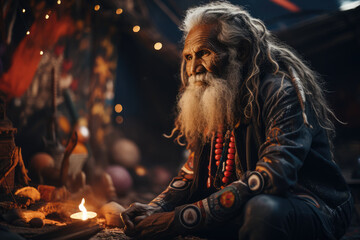 Obraz premium A Native Australian elder sharing Dreamtime stories with colorful Aboriginal art as backdrop. Generative Ai.