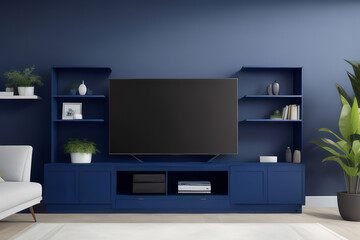 interior of living room with tv on the cabinet on dark blue wall background.