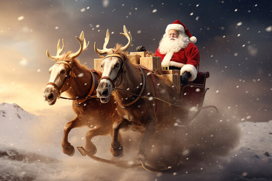 composite image of santa claus riding on sleigh with gift box