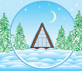Beautiful Happy New Year vector illustration with a triangle-house in the frozen winter forest