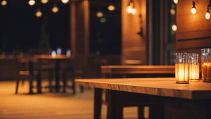 Empty wooden table and chairs in restaurant at night, bokeh background