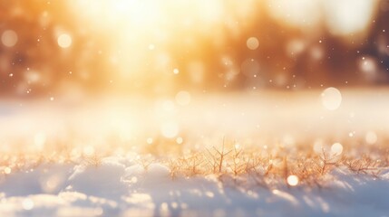 Blurred background, sunlight and small branches of the Christmas tree in the snow in the foreground