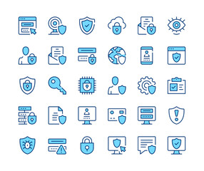 Data protection icons set. Vector line icons. Blue color outline stroke symbols. Modern concepts