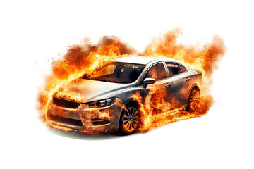 Burning car in flames isolated on transparent Background - high quality PNG