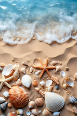 Fototapeta na wymiar Muscheln und Seestern mit Sand als Hintergrund, Thema Sommerurlaub am Strand, Generative KI