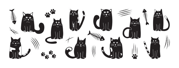 Halloween cute cats, cartoon black doodle animal vector icon, funny pet set, hand drawn silhouettes character. Fish skeleton and cat paw isolated on white background. Gothic illustration