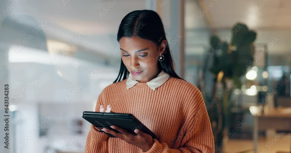 Poster Business woman, tablet and typing at night for software update, data analytics and information technology in office. Analyst at IT company and scroll on digital technology for coding or app research
