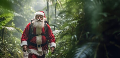 Santa Claus hiking through a lush rainforest on a tropical island - obrazy, fototapety, plakaty