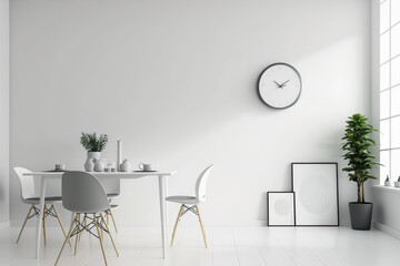 Scandinavian minimalist interior with white blank wall for wall art. Nordic wall decal stock picture. Generative AI