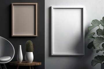 Pair of wooden poster photo frames with shadow overlay in a minimalist room. Generative AI