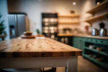 a showroom where kitchen furniture is sold. Image of the kitchen furniture sets department that is out of focus and blurry. The top of a wooden table or counter is visible in the foreground. Mockup