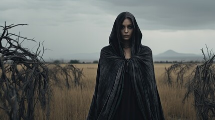 Model in a haunting reaper guise, set against a backdrop of wilting fields