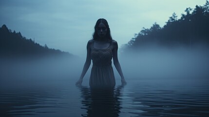 Model showcasing a chilling phantom look, hovering over a mist-covered lake