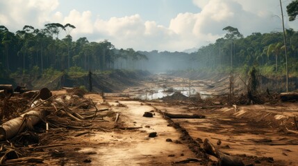 Depict the devastating impact of deforestation on the intricate Amazon ecosystem, leading to habitat loss and environmental imbalance - obrazy, fototapety, plakaty