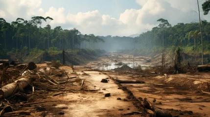 Fotobehang Depict the devastating impact of deforestation on the intricate Amazon ecosystem, leading to habitat loss and environmental imbalance © 18042011