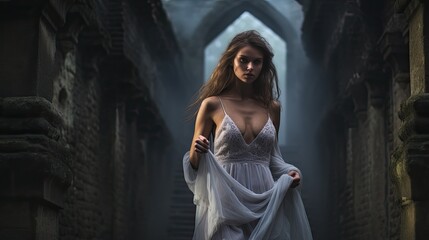 Model showcasing an ethereal banshee look, set against a backdrop of ancient ruins - obrazy, fototapety, plakaty