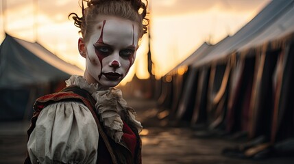 Model with blood-red eyes and sinister clown makeup, set against the backdrop of a derelict circus tent
