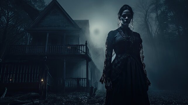 Model portraying a chilling specter, with a backdrop of an old, haunted mansion