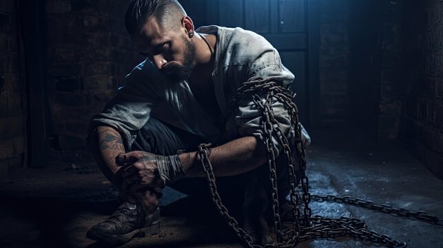 Model portraying a tormented soul, shackled in rusty chains, set in a damp dungeon