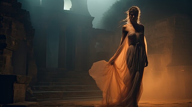 Model showcasing an ethereal banshee look, set against a backdrop of ancient ruins