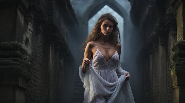 Model showcasing an ethereal banshee look, set against a backdrop of ancient ruins