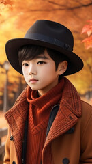 A stunningly realistic image showcasing a fashionable 
Korean boy dressed in the latest autumn attire.