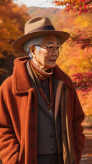 A stunningly realistic image showcasing a fashionable 
old man dressed in the latest autumn attire.