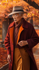 A stunningly realistic image showcasing a fashionable 
old man dressed in the latest autumn attire.
