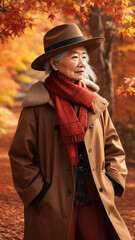 A stunningly realistic image showcasing a fashionable 
old woman dressed in the latest autumn attire.