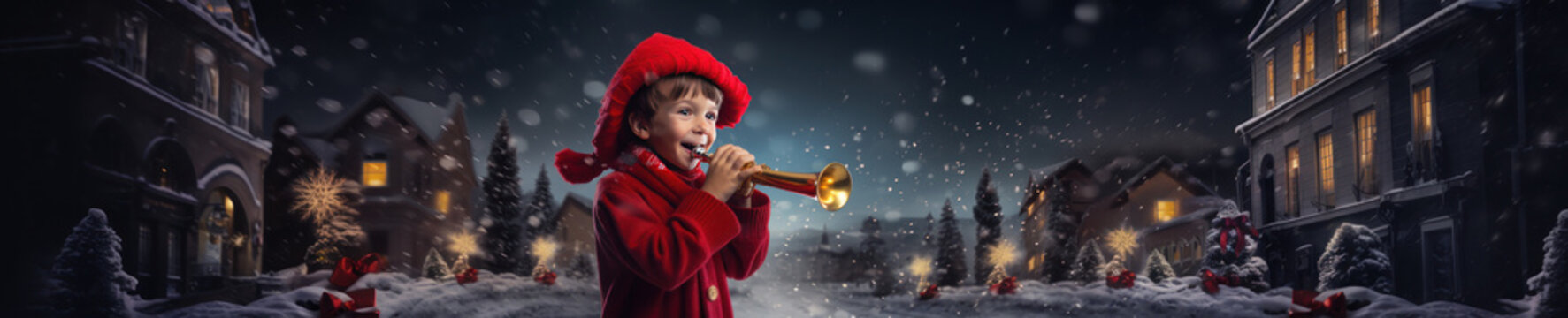 Long Christmas banner of young boy angel playing a trumpet in snowy festive scene
