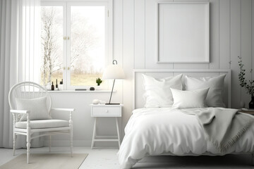 Fototapeta premium Scandinavian-style white bedroom with mockup frames,. Generative AI