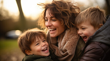 Fototapeta premium eine lachende Mutter mit ihren zwei Kindern, a laughing mother with her two children