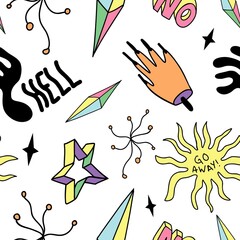 Antisocial esoteric teen seamless pattern, hand drawn slogan and colorful crystals, stars and hand with long nails.